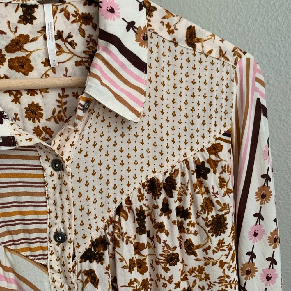 Free People Button Down Shirt M Long Sleeve Hazel Printed Blouse Top
